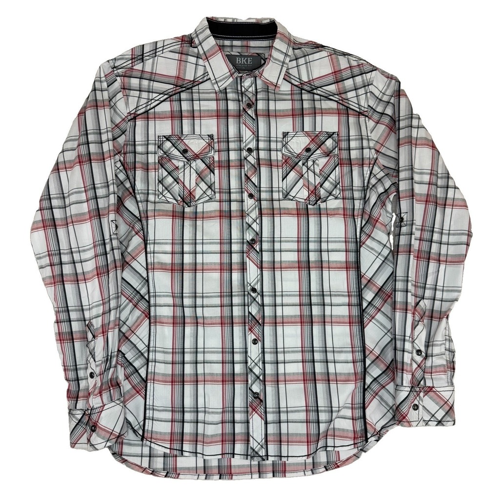 BKE Men's Long Sleeve Button Down Shirt XL Athletic Fit Pearl Snap Buckle Plaid